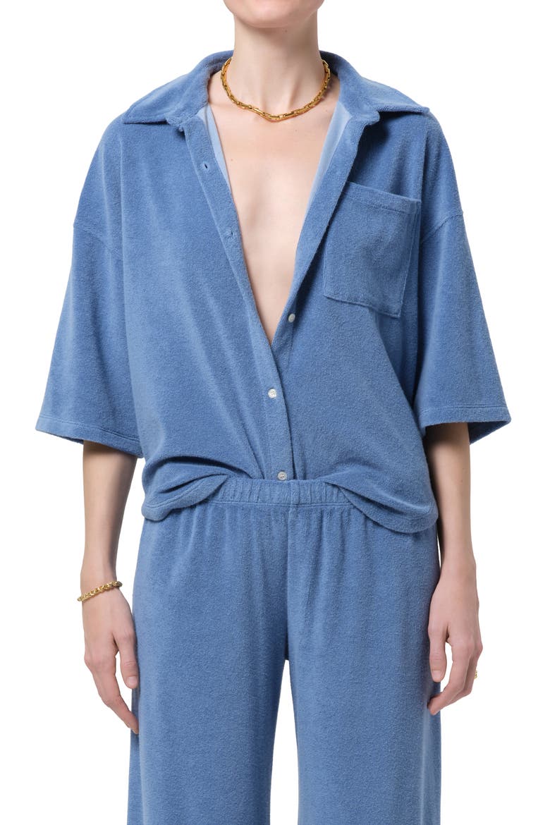 Francis Cotton Blend French Terry Button-Up Shirt, Main, color, OCEANIC