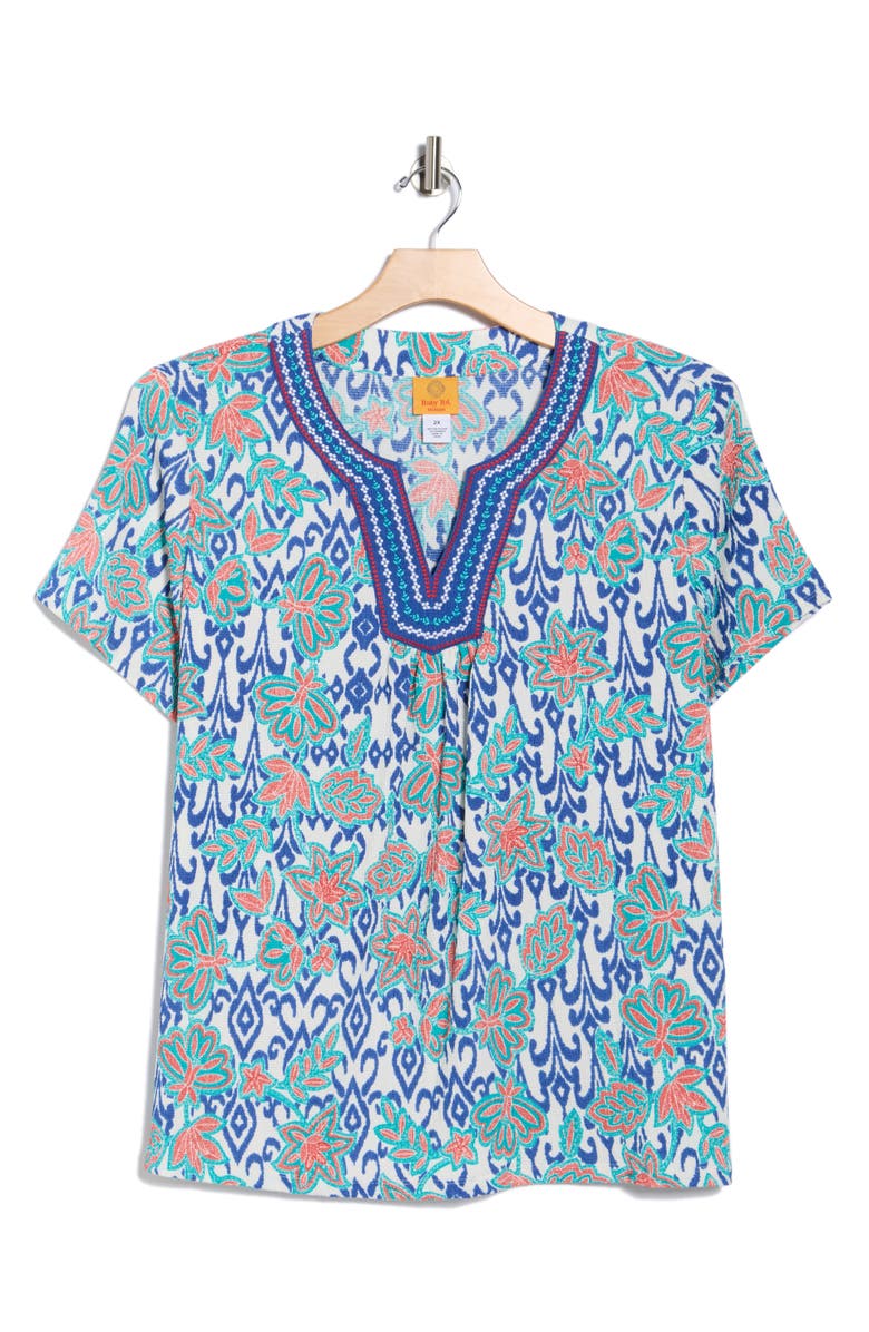 RUBY RD Embroidered Short Sleeve Crinkled Top, Alternate, color, Turquoise Multi