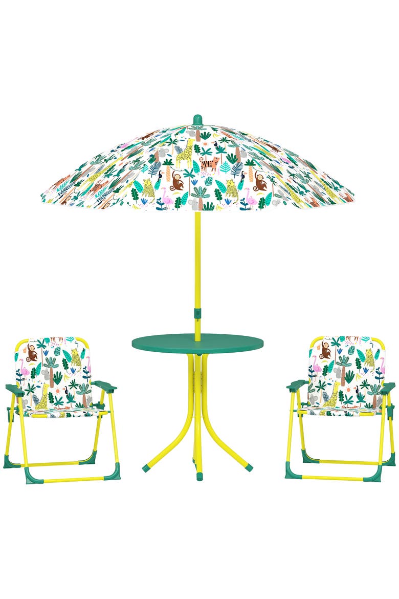 Kids Outdoor Picnic Table with Folding Chairs and Umbrella, Alternate, color, Green