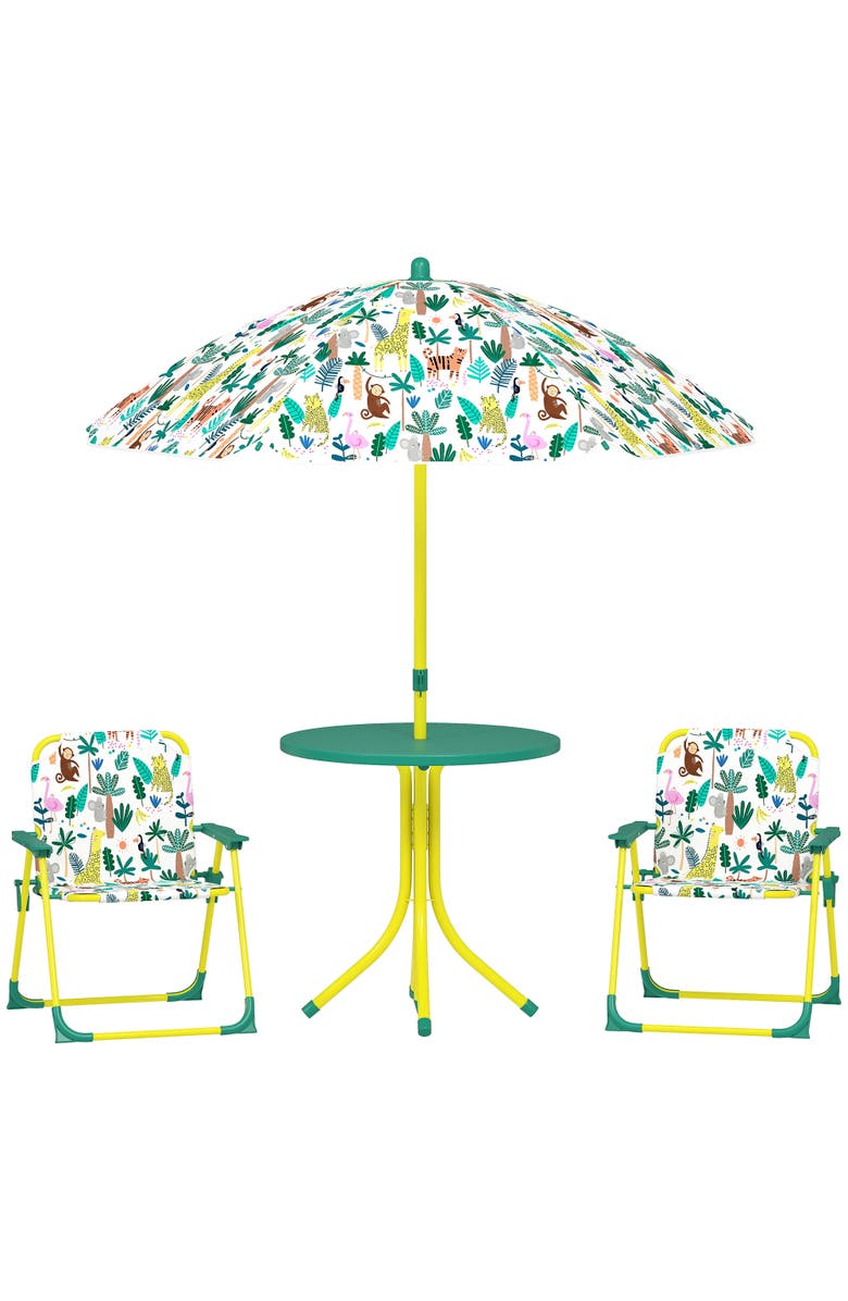 Qaba Kids Outdoor Picnic Table with Folding Chairs and Umbrella, Alternate, color, Green