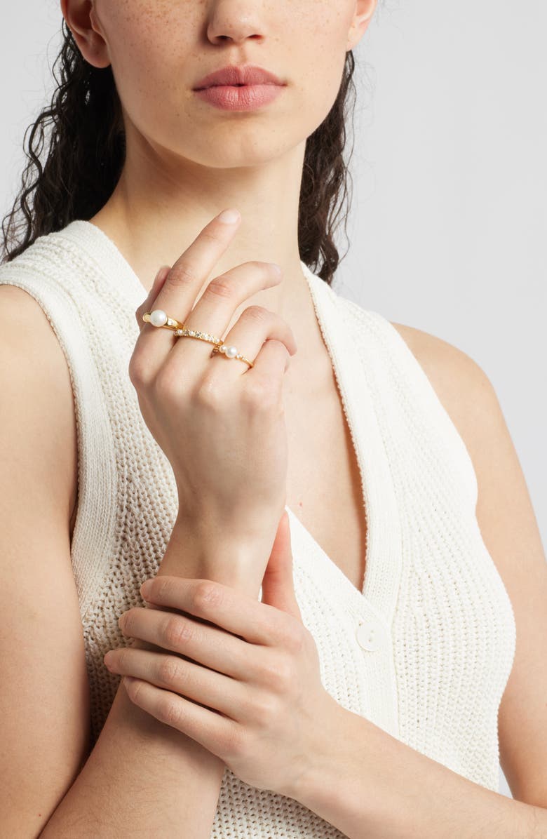 Nordstrom Set of 3 Demi Fine Freshwater Pearl & Cubic Zirconis Rings, Alternate, color, 14K Gold Plated