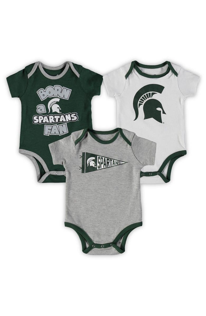 Outerstuff Newborn & Infant Green/White/Heathered Gray Michigan State Spartans Born A Fan Three-Piece Bodysuit Set, Main, color, 