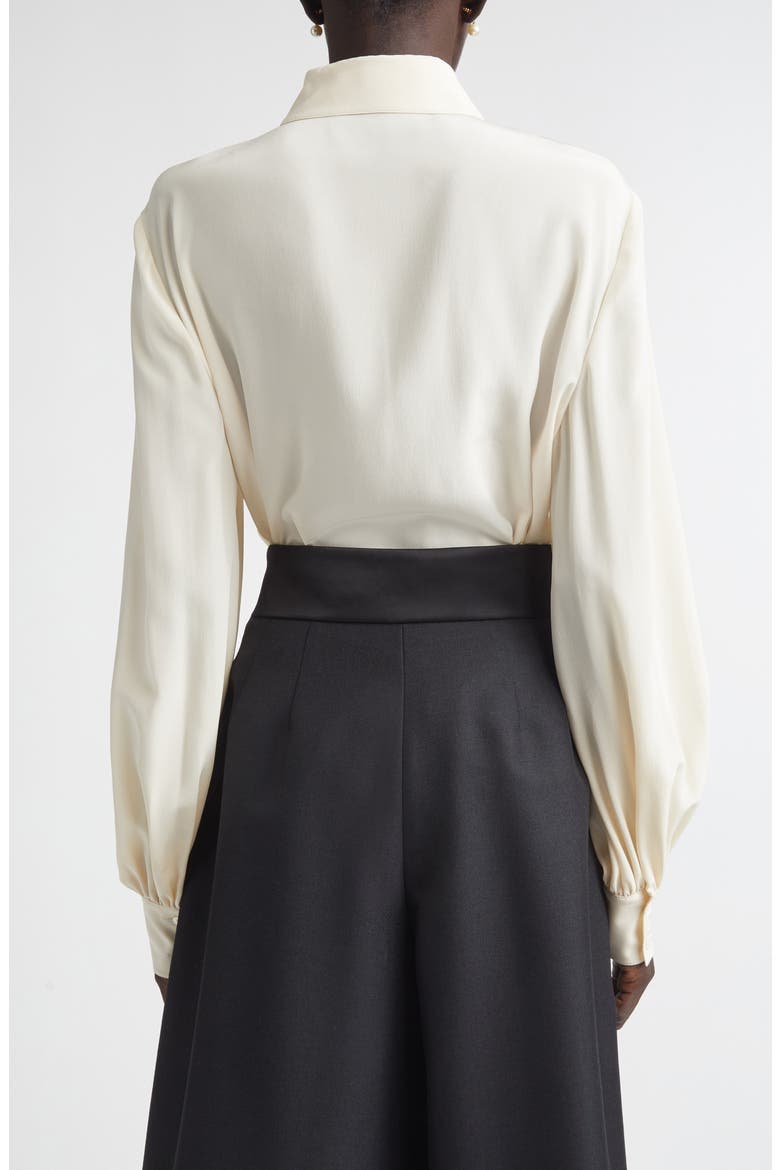 Bow Detail Silk Crêpe de Chine Button-Up Shirt, Alternate, color, VANILLA