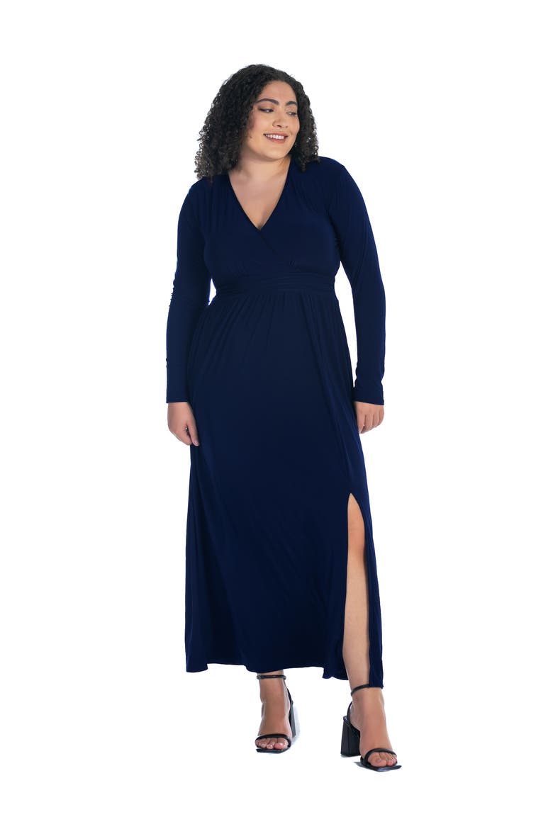 Plus Size Long Sleeve V Neck Side Slit  Maxi Dress, Main, color, Navy