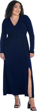 24seven Comfort Apparel Plus Size Long Sleeve V Neck Side Slit Maxi Dress