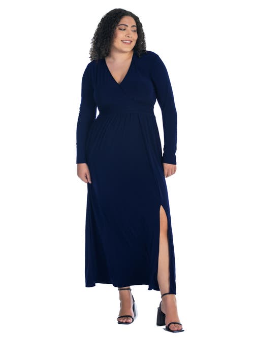 24seven Comfort Apparel Plus Size Long Sleeve V-neck Maxi Dress In Blue