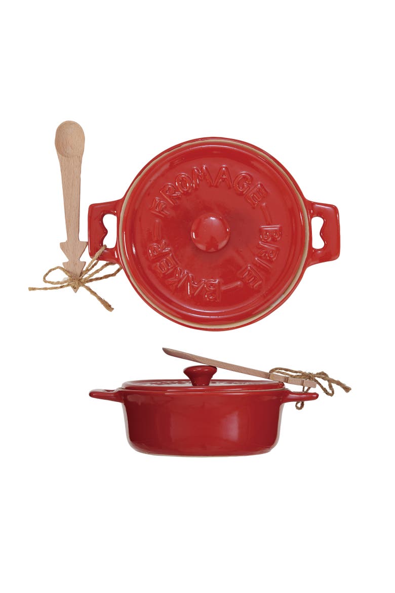 Stoneware Brie Baker with Wood Tree Shaped Spoon and Reactive Glaze, Main, color, Red