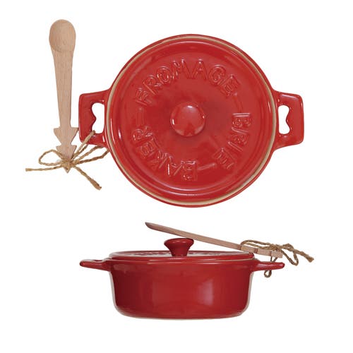 Olive Grove Stoneware Brie Baker With Wood Tree Shaped Spoon And Reactive Glaze In Red