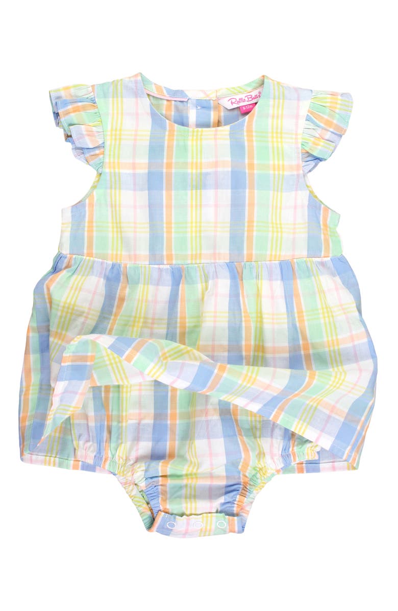 RuffleButts Kids' Rainbow Plaid Skirted Romper, Alternate, color,