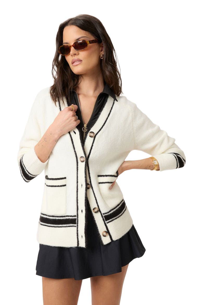 Fuzzy Striped Cardigan, Alternate, color, Black