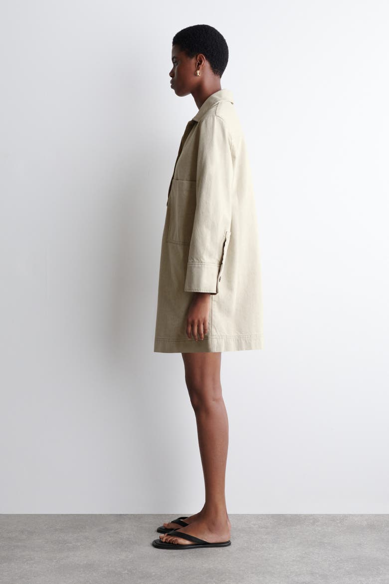 Open-Collar Denim Shirt Dress, Alternate, color, BEIGE