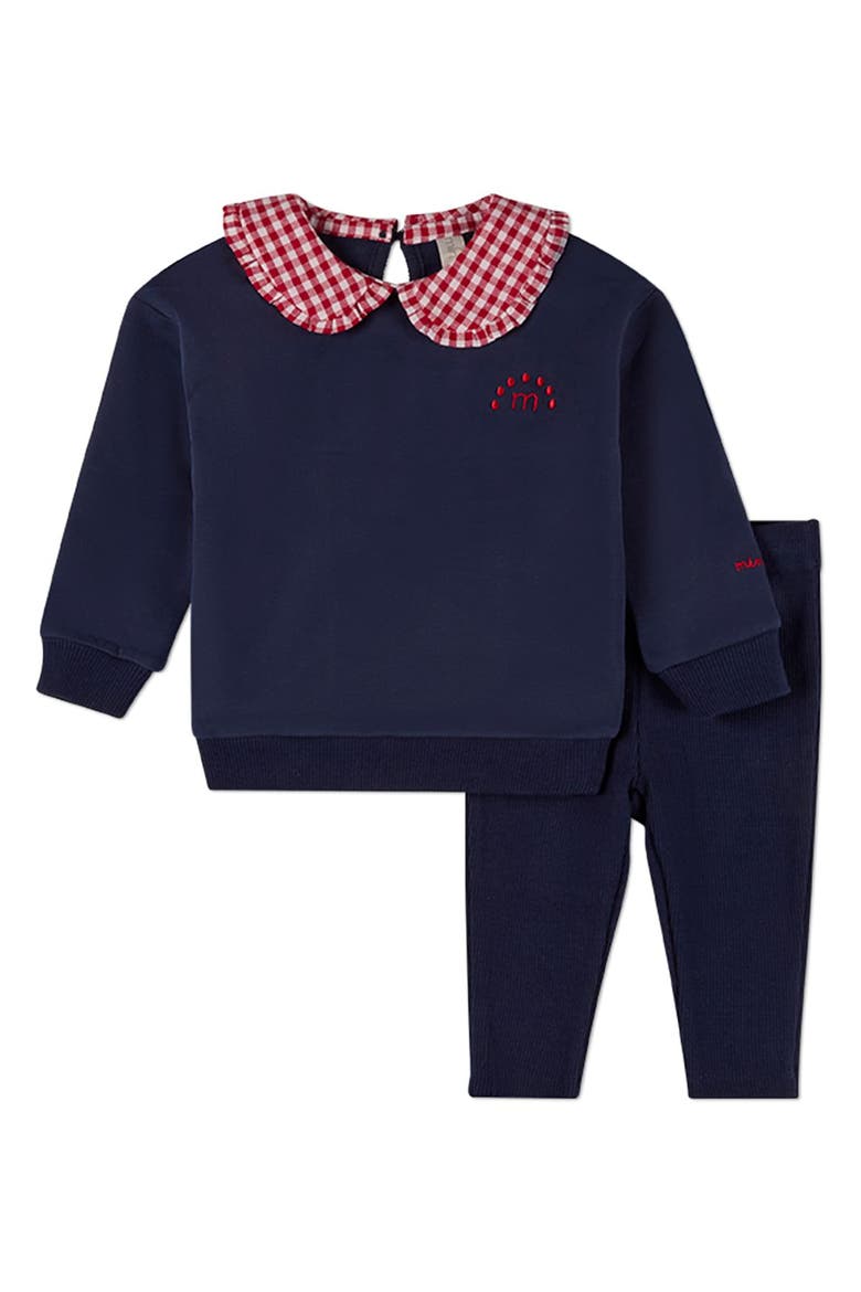 2 Piece Ruffled-Gingham-Collared Sweatshirt and Sweatpants Set, Main, color, Navy-Red