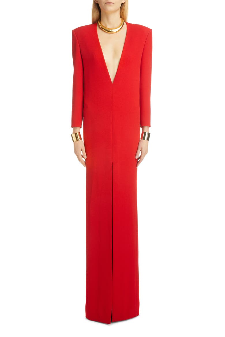 Plunge Neck Long Sleeve Crepe Satin Column Gown, Main, color, ROUGE
