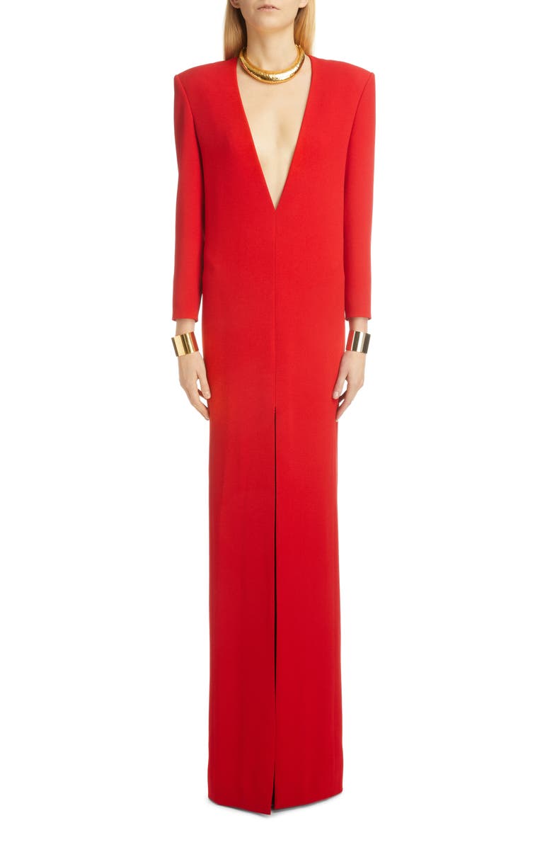 Saint Laurent Plunge Neck Long Sleeve Crepe Satin Column Gown, Main, color, 