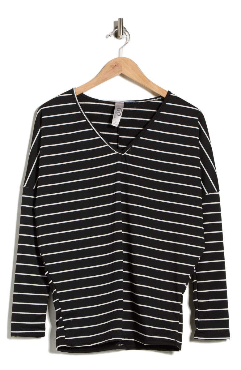 GO COUTURE V-Neck Dolman Sleeve Sweater, Main, color, Black Stripe
