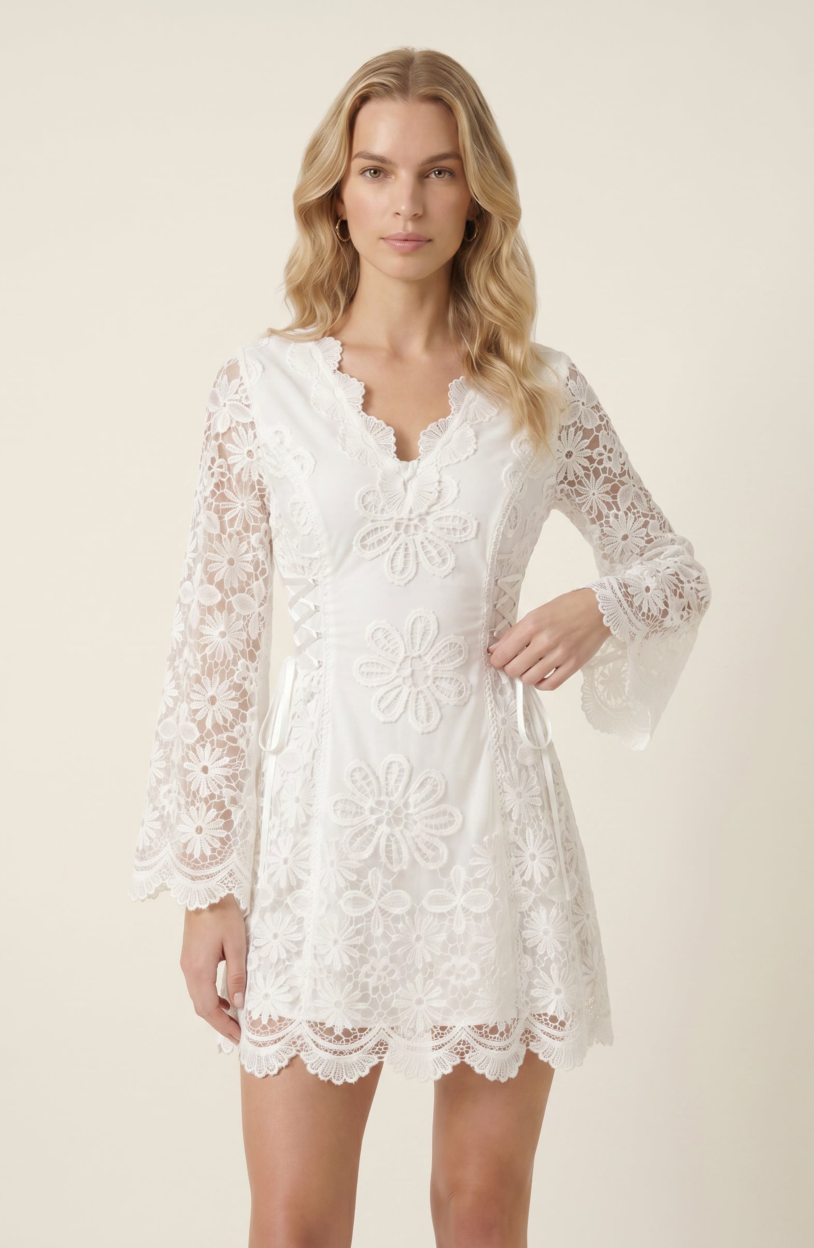 elegantly enchanted floral applique backless long sleeve mini dress Sheer Sleeves Lace-Up and the dress is Color:Butter-Cream Lavender Moon Backless Maxi Search: Slinky