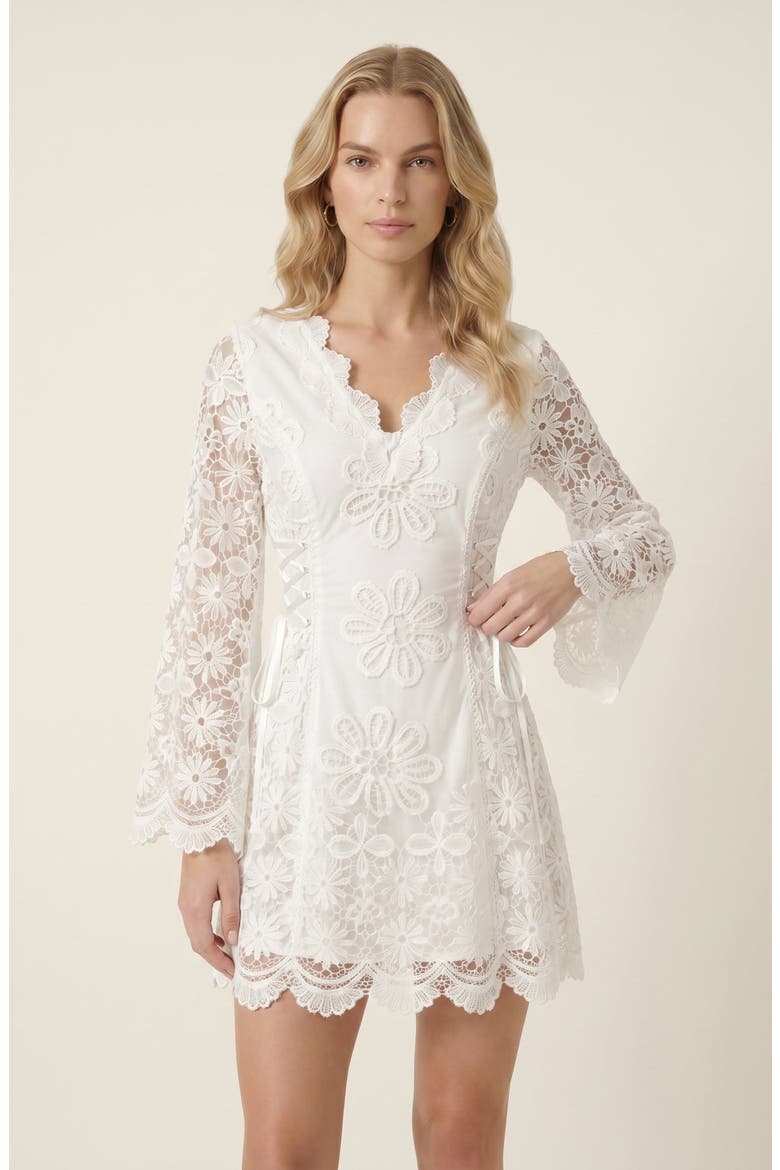 Floral Applique Long Sheer Sleeve Lace-Up Mini Dress, Alternate, color, White