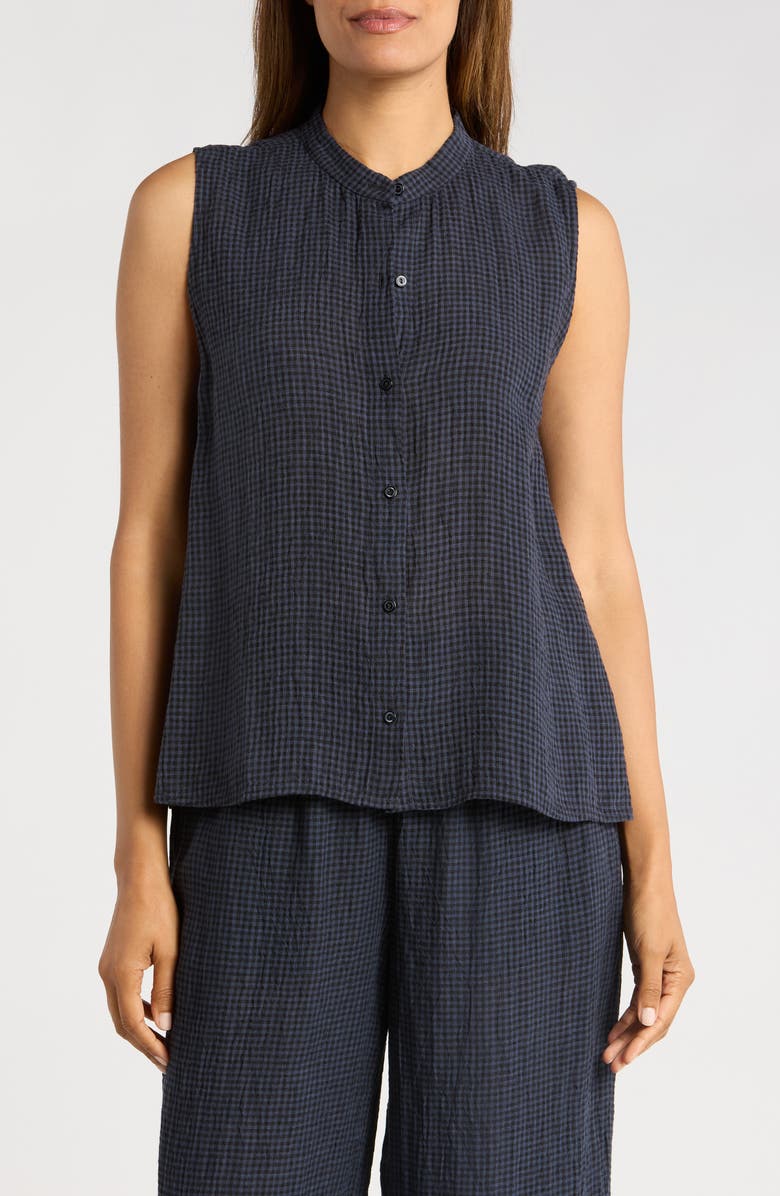 Eileen Fisher Gingham Sleeveless Organic Linen Button-Up Shirt, Main, color,