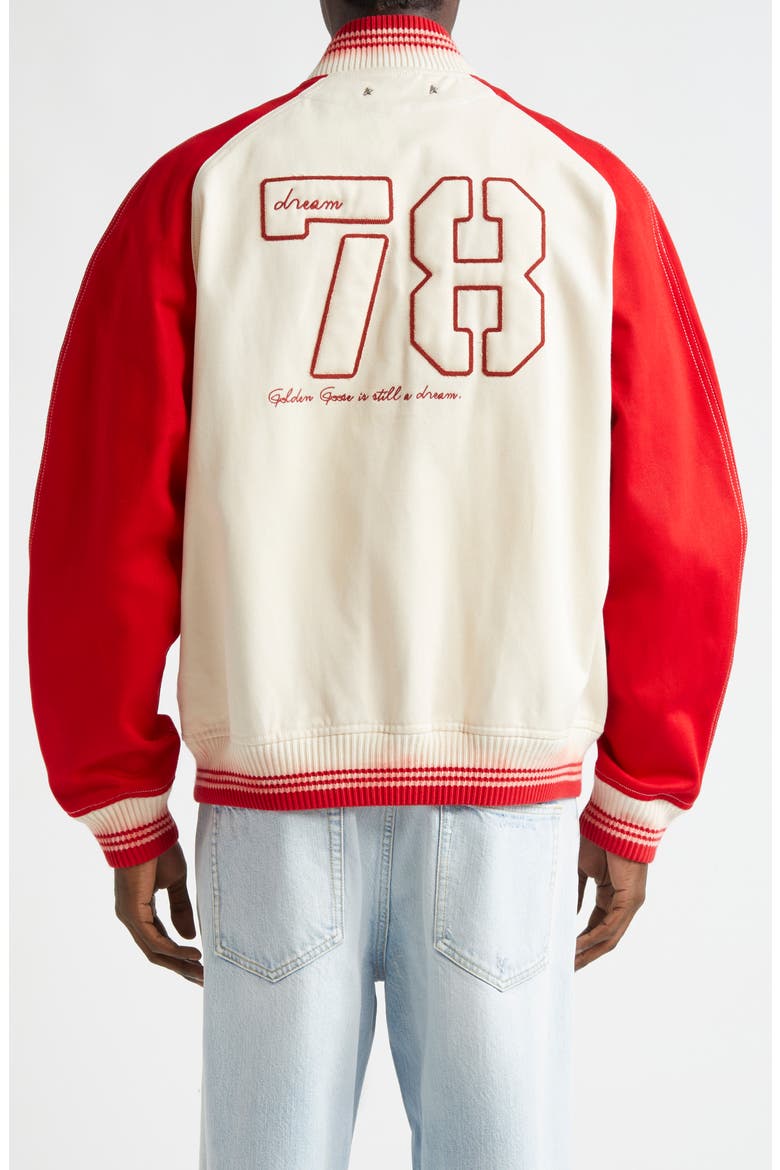 Journey Cotton Twill Varsity Jacket, Alternate, color, SHORTBREAD/ HAUTE RED
