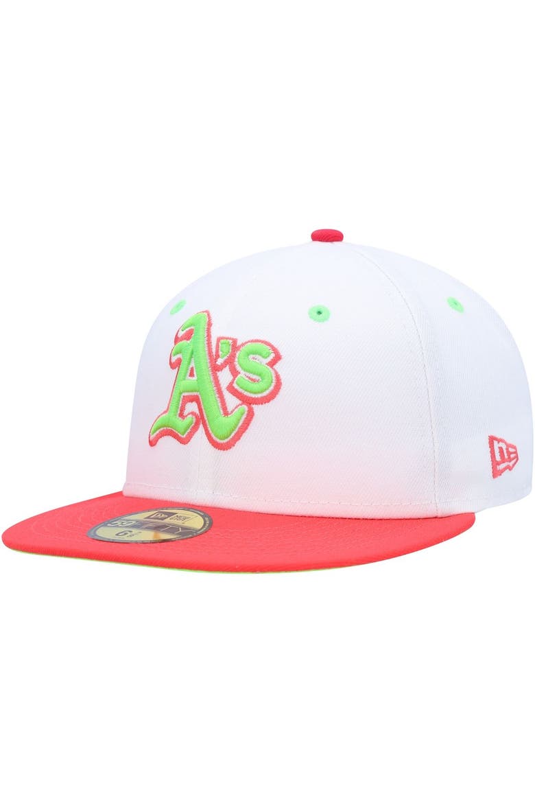 Men's New Era White/Coral Oakland Athletics 40th Anniversary Strawberry Lolli 59FIFTY Fitted Hat, Alternate, color, White