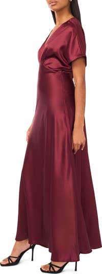 Dolman Sleeve Satin Cocktail Midi Dress