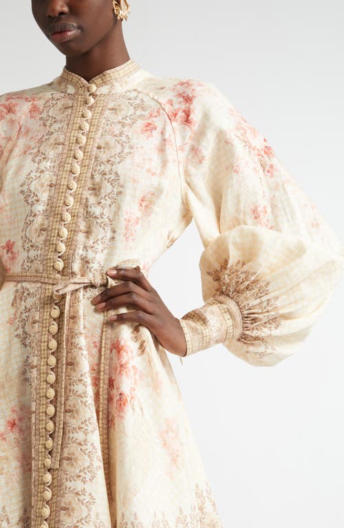Shop Zimmermann Tropical Floral Long Sleeve Belted Linen Minidress In Coral Floral