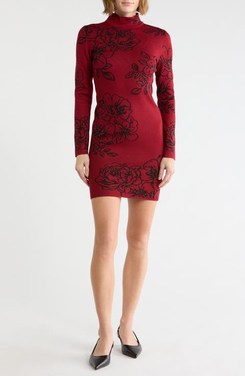 Floral Jacquard Mock Neck Minidress