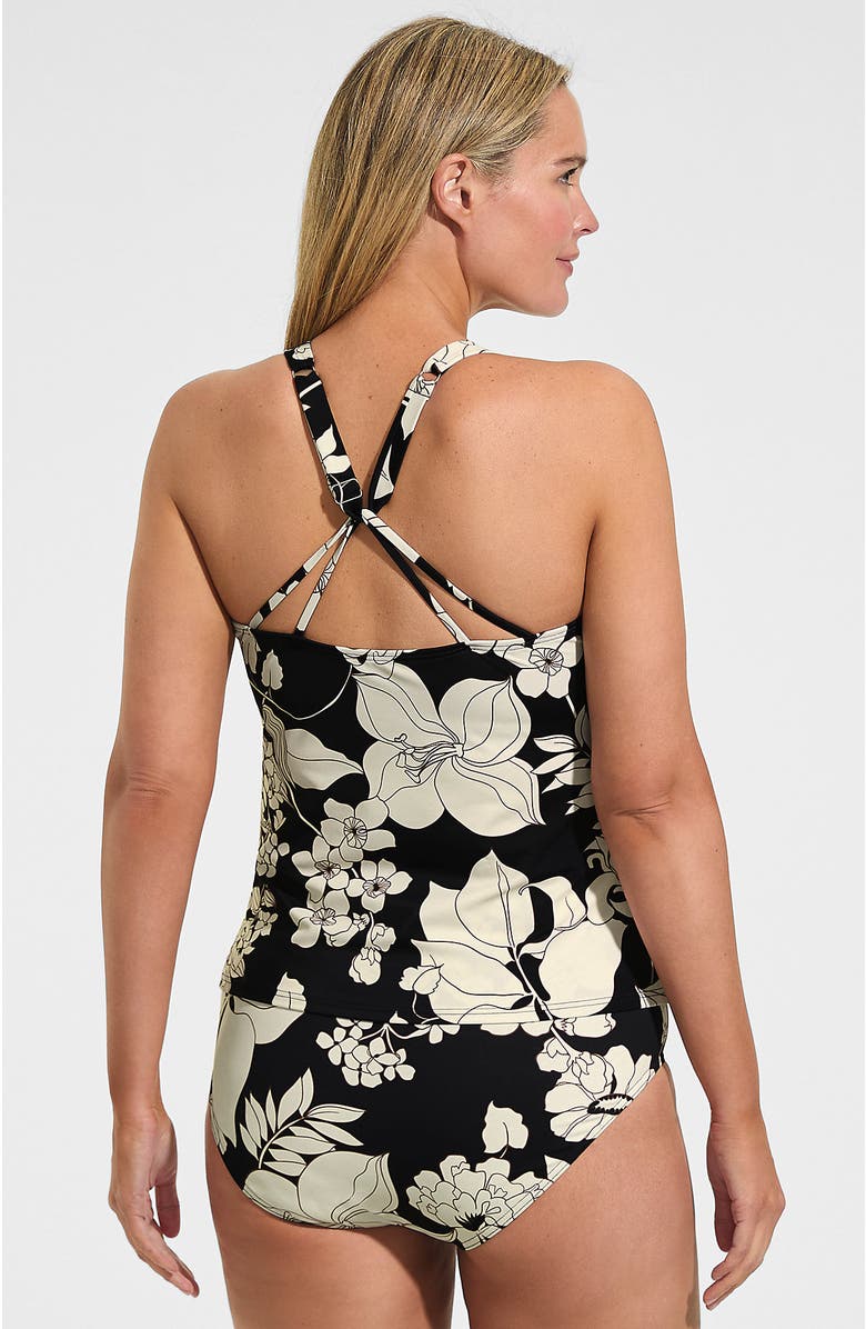 Lands' End Plus Size DDD-Cup Tugless High Neck Strappy Back Tankini Top, Alternate, color, Black/Egret Lilies