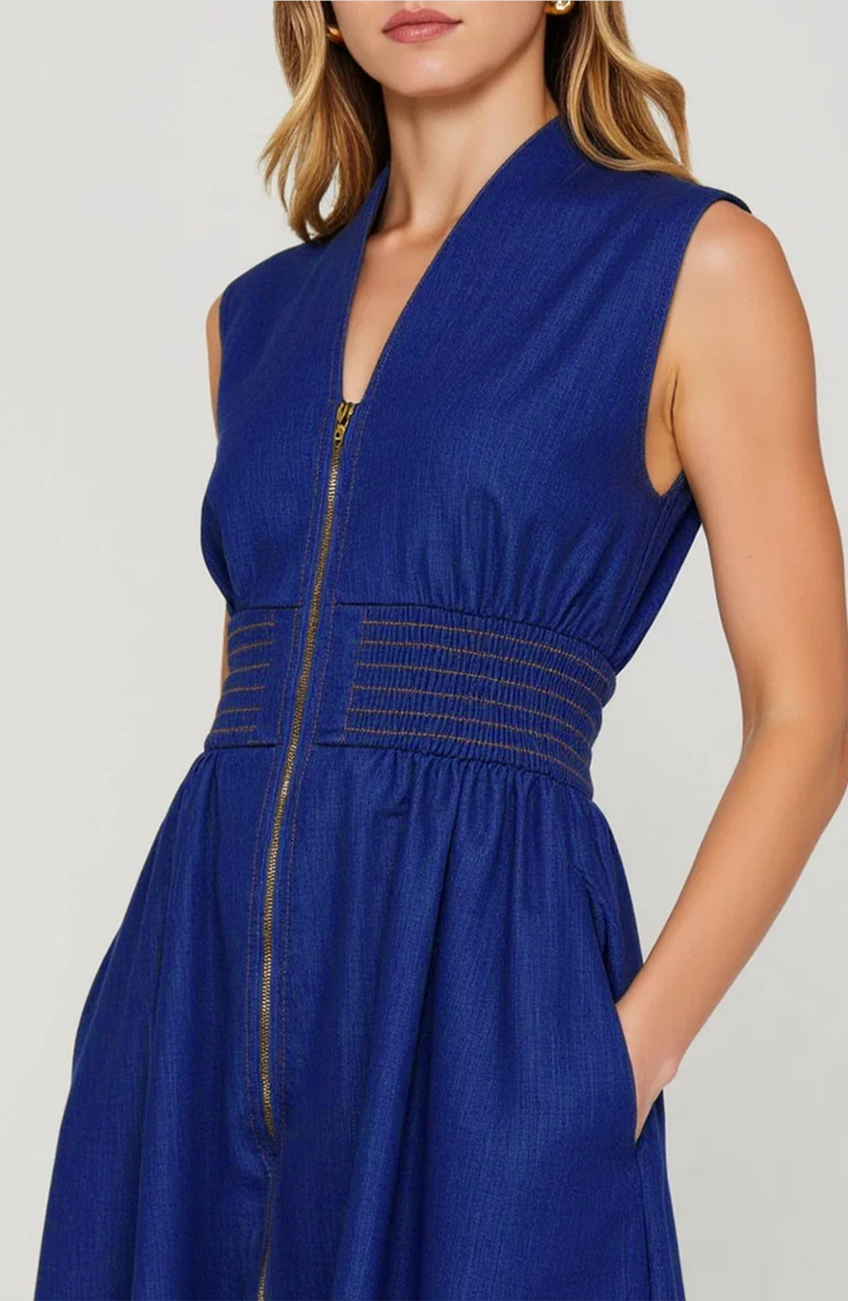 Modenaire Zip Front Midi Dress with Cap Sleeves and Smocked Waist, Alternate, color, Denim