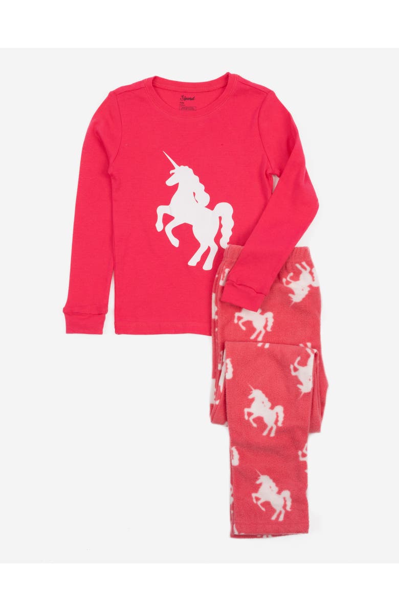 Leveret Kids Cotton Top & Fleece Pants Printed Holiday Pajamas, Main, color, Unicorn