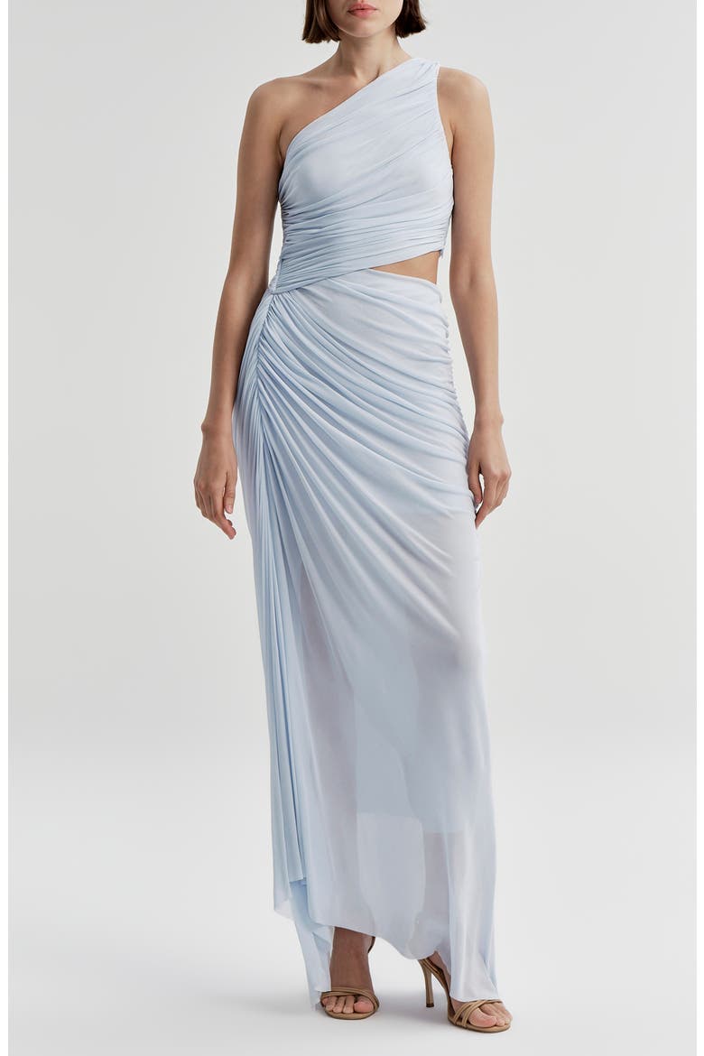 Cleo One-Shoulder Cutout Detail Asymmetric Mesh Maxi Dress, Main, color, SKY BLUE
