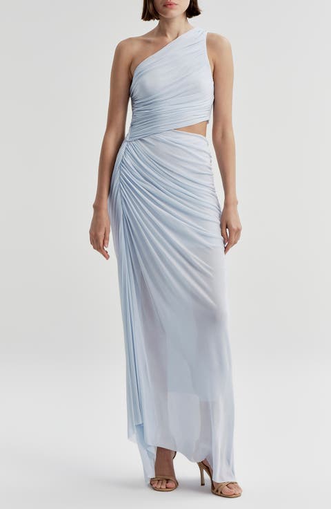 Cleo One-Shoulder Cutout Detail Asymmetric Mesh Maxi Dress