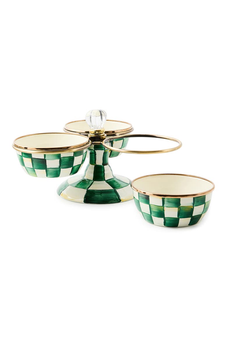 Emerald Check Enameled Steel Triplicity Bowls & Stand Set, Alternate, color, EMERALD