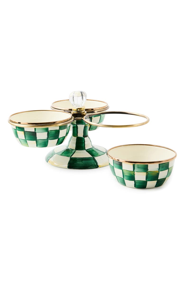 MACKENZIE CHILDS Emerald Check Enameled Steel Triplicity Bowls & Stand Set, Alternate, color, Emerald