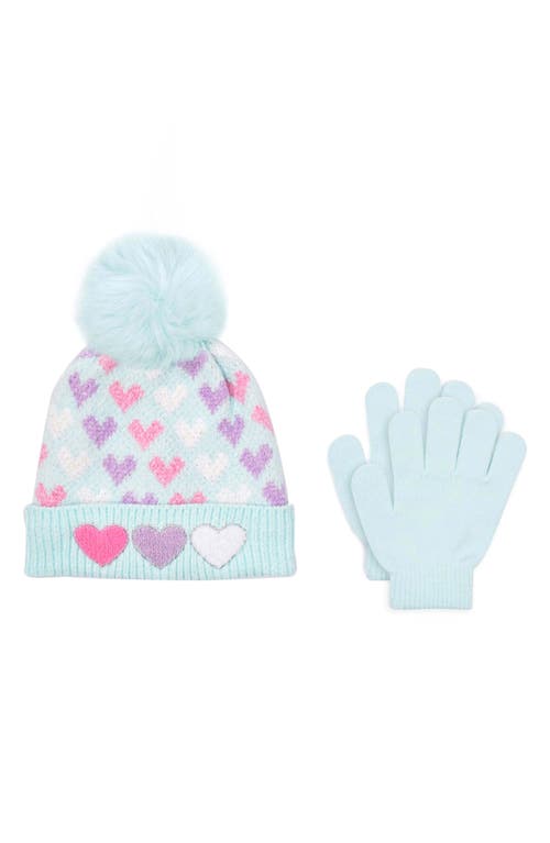 OMG Accessories Kids' Heart Pom Beanie & Glove Set in Light Aqua 