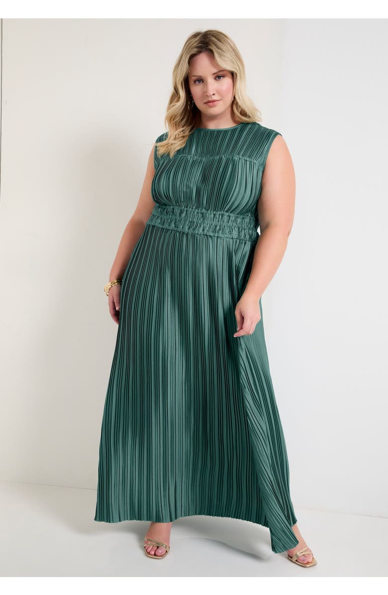 June + Vie Boatneck Plisse Cap-Sleeve Maxi Dress, Main, color, Umber