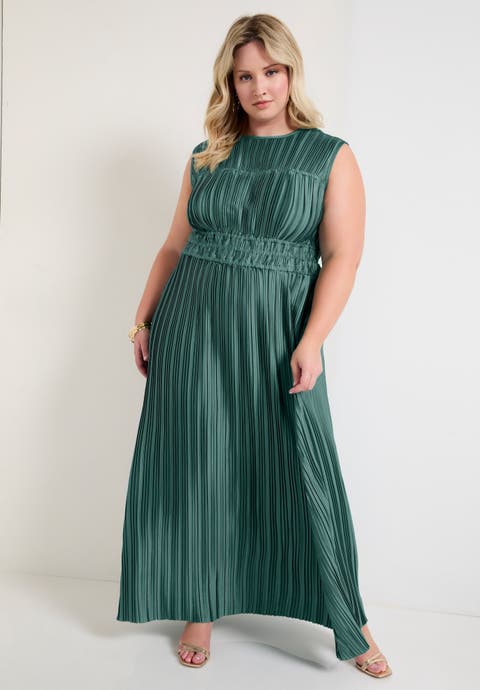Boatneck Plisse Cap-Sleeve Maxi Dress (Plus Available)