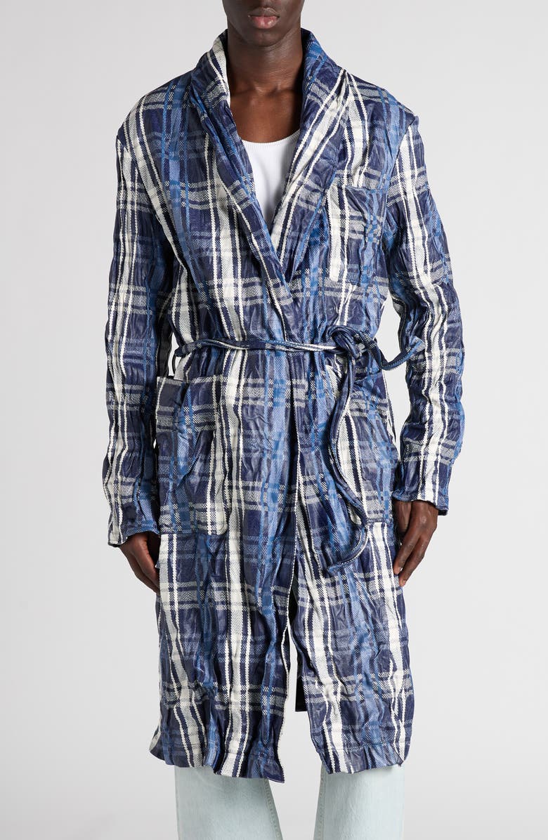 Bottega Veneta Belted Check Crushed Twill Coat, Main, color, Blue/ Navy/ Chalk
