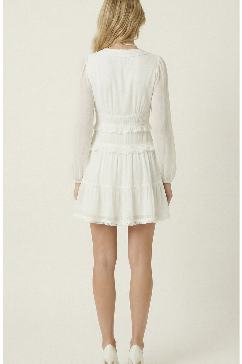 Long Sleeve V-Neck Ruffle Tiered Mini Dress with Sheer Chiffon Overlay, Alternate, color, White