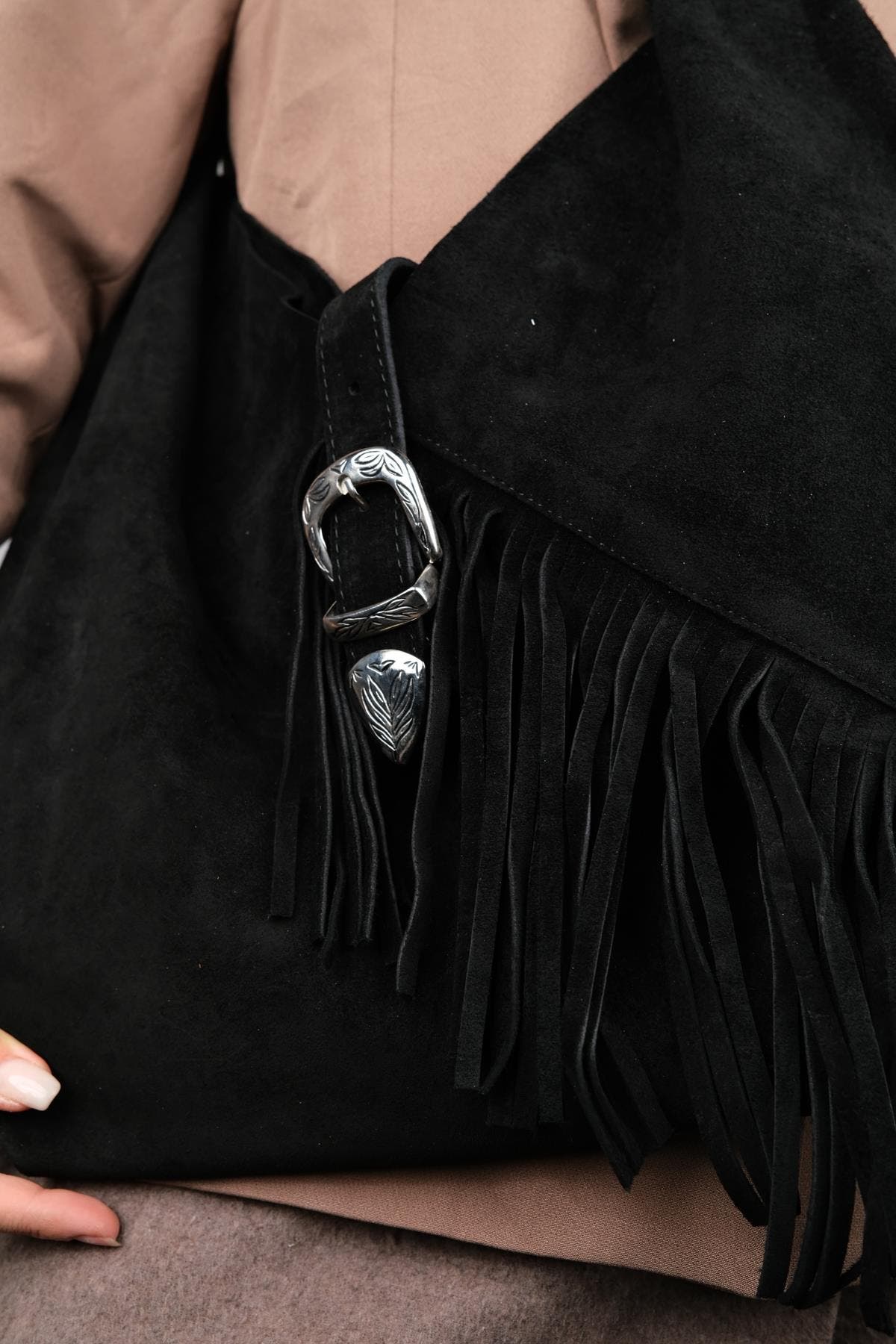 Forever & Always Shoes Rosalin Leather Tassel Shoulder Bag, Alternate, color, Black Suede