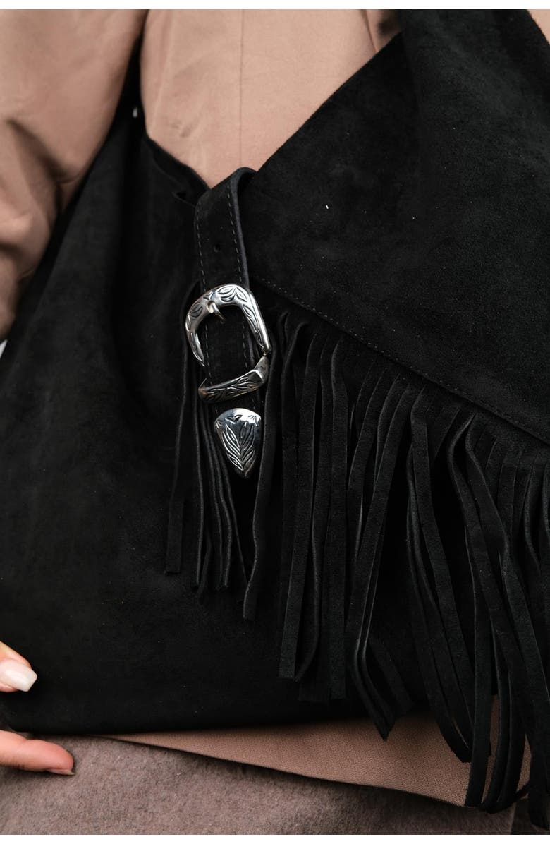 Forever & Always Shoes Rosalin Leather Tassel Shoulder Bag, Alternate, color, Black Suede