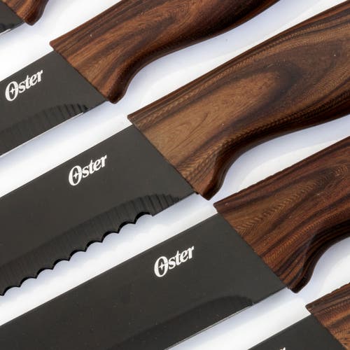 Oster Godfrey 5 Piece Stainless Steel Black Cutlery Set With Wood Print Handles In Brown