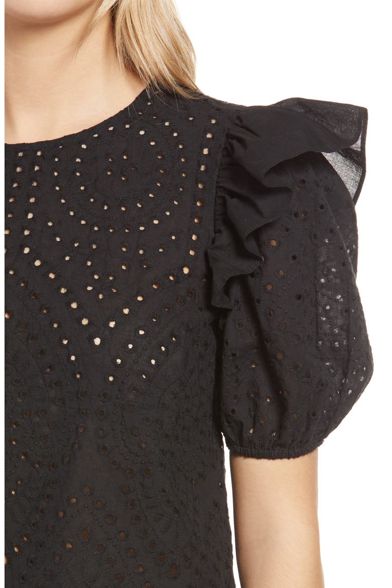 Ruffle Puff Sleeve Cotton Eyelet Top, Alternate, color, BLACK