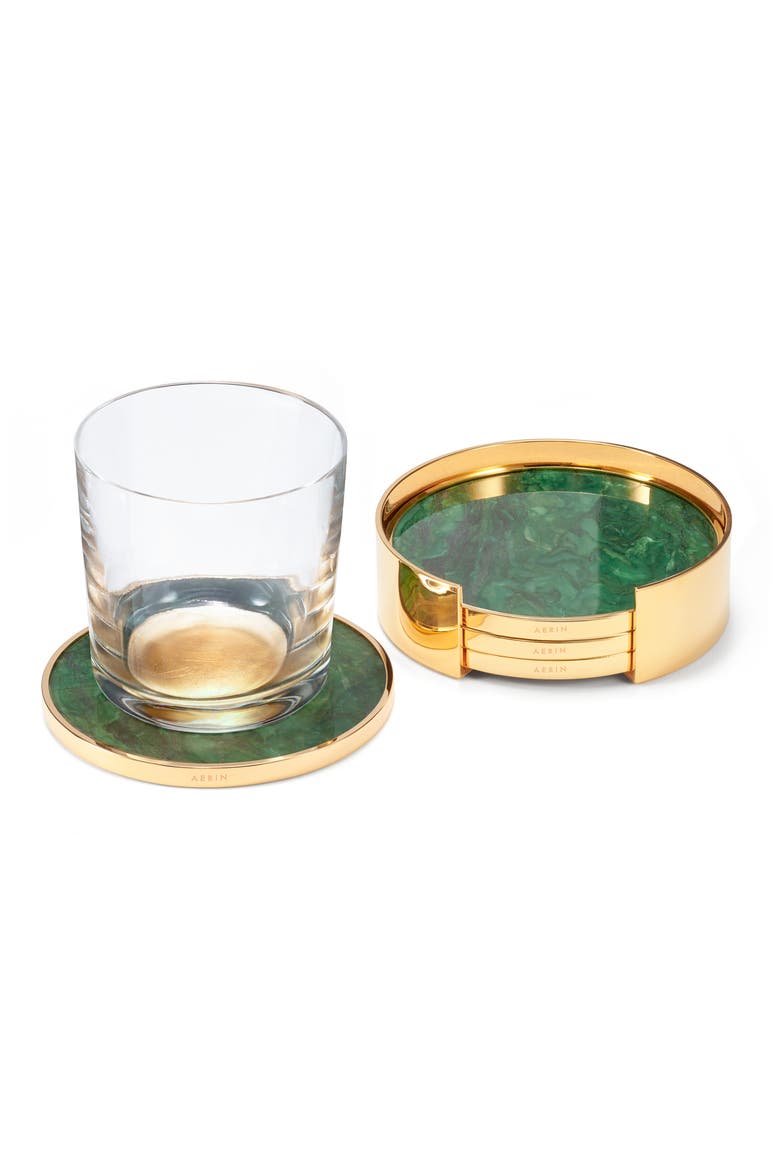 Lucas Set of 4 Stone Coasters with Holder, Alternate, color, JADE