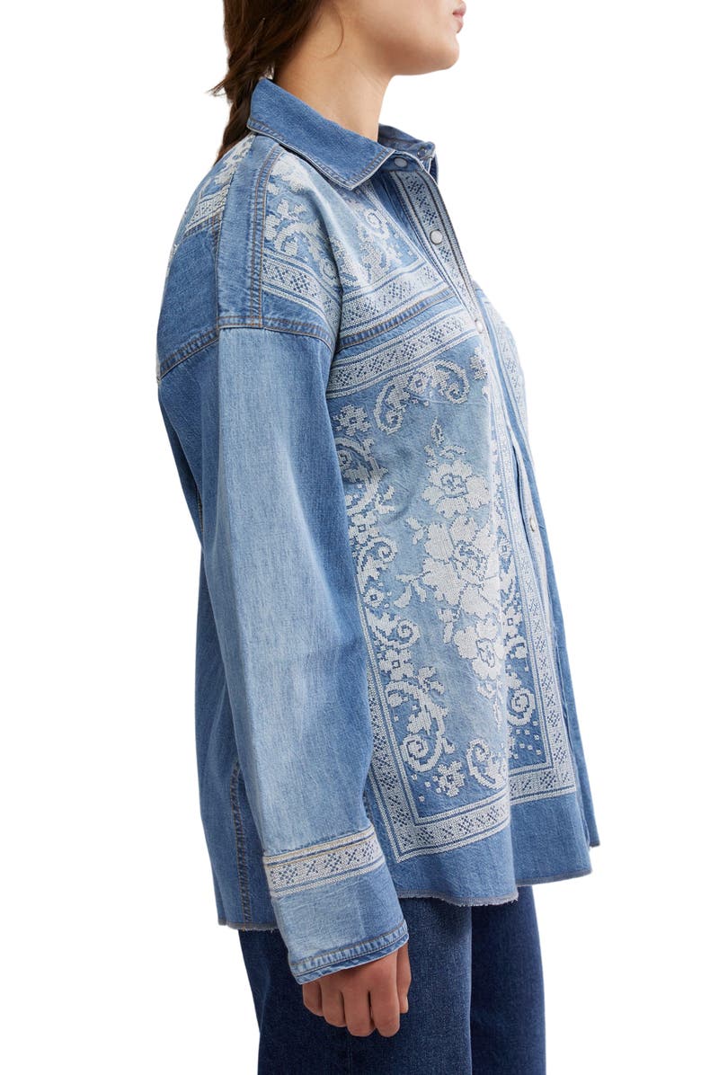 Free People Embroidered Oversize Denim Snap-Up Shirt, Alternate, color, 
