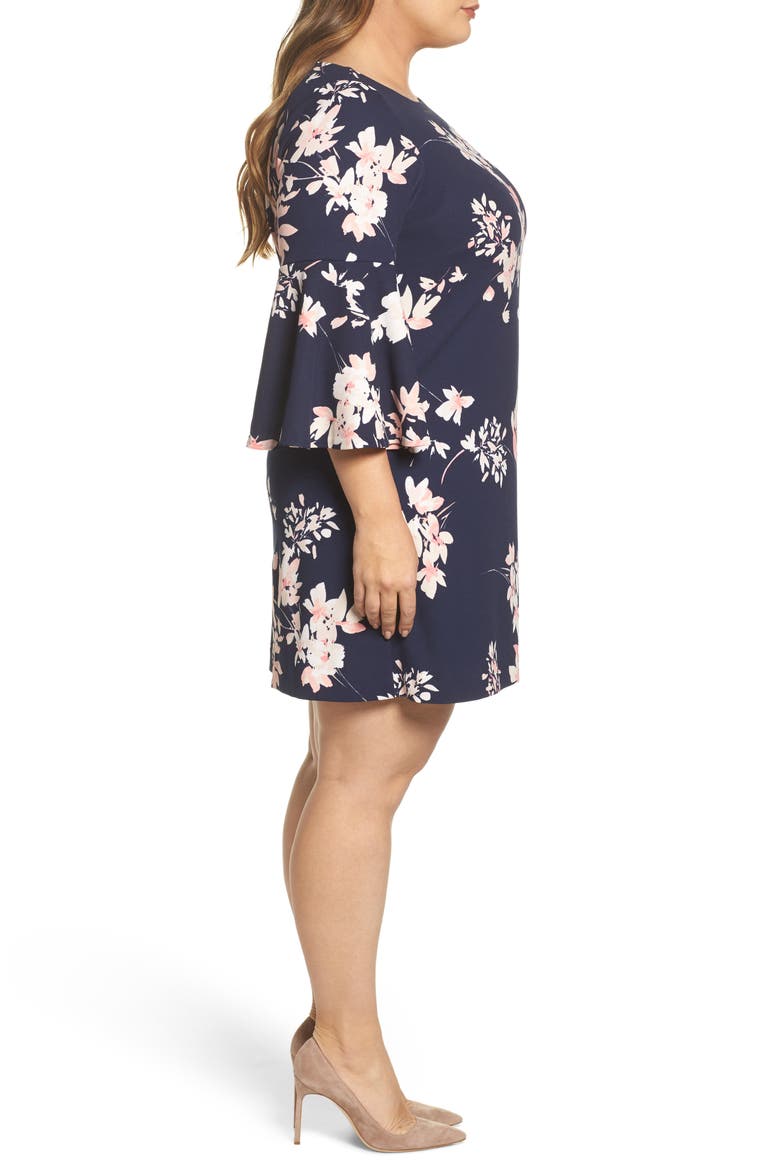 Floral Print Bell Sleeve Shift Dress, Alternate, color, NAVY/ PINK