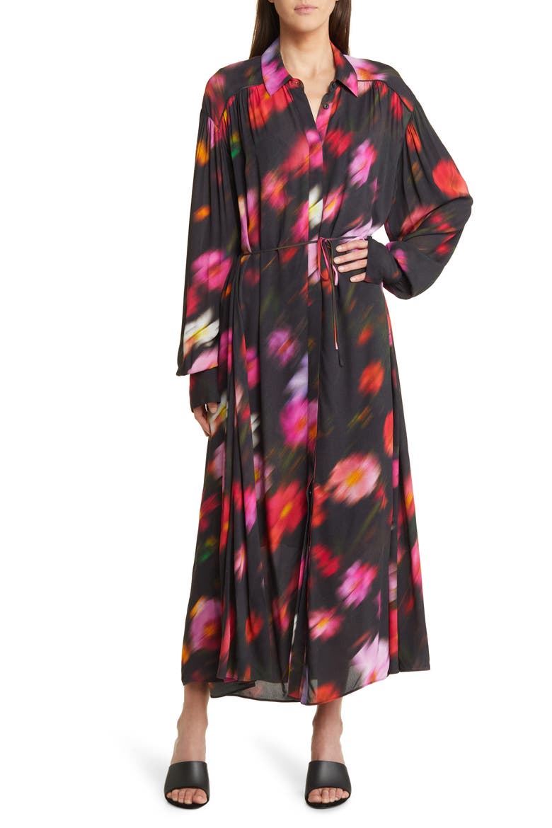 Aubrey Abstract Floral Long Sleeve Maxi Shirtdress, Main, color, BLKFLORAL