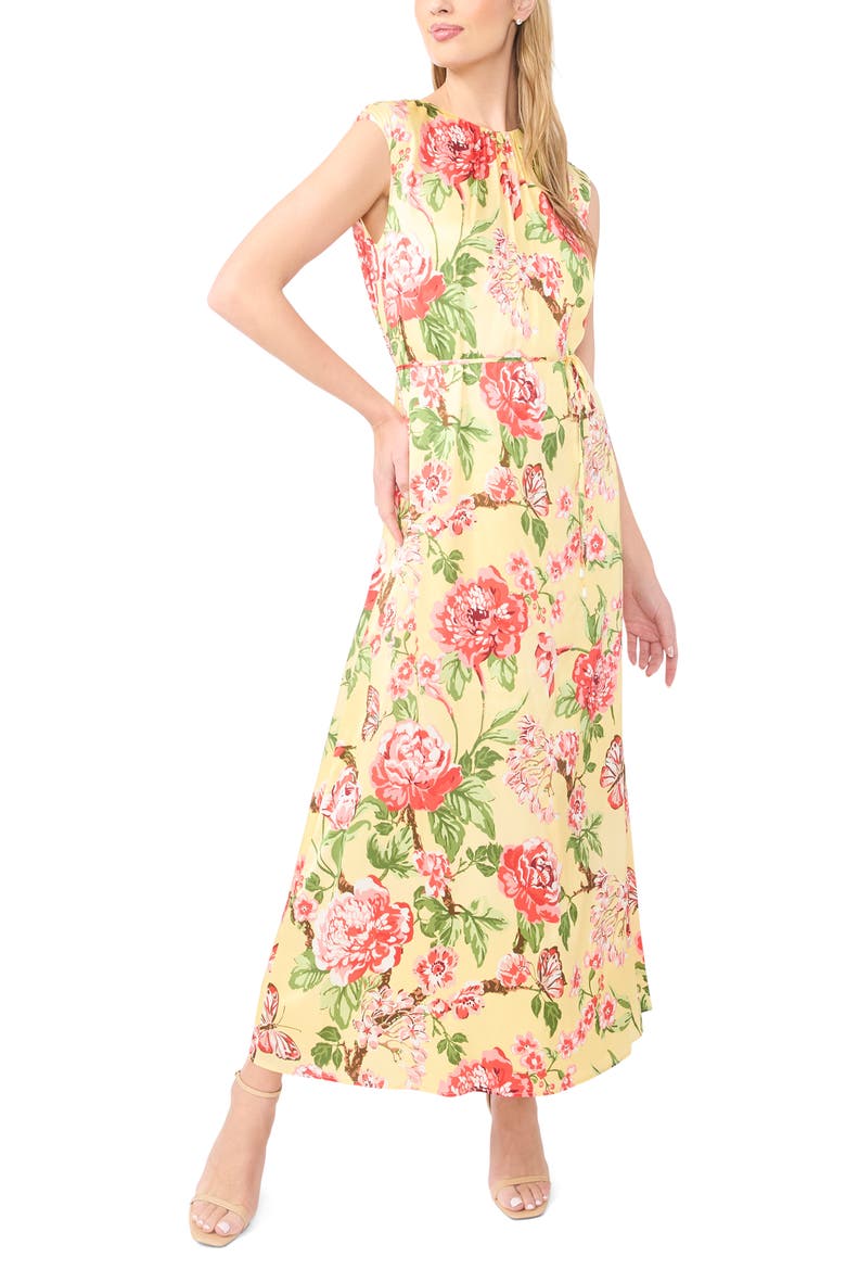 Floral Gathered Neck Midi Dress, Main, color, CREAMED CORN