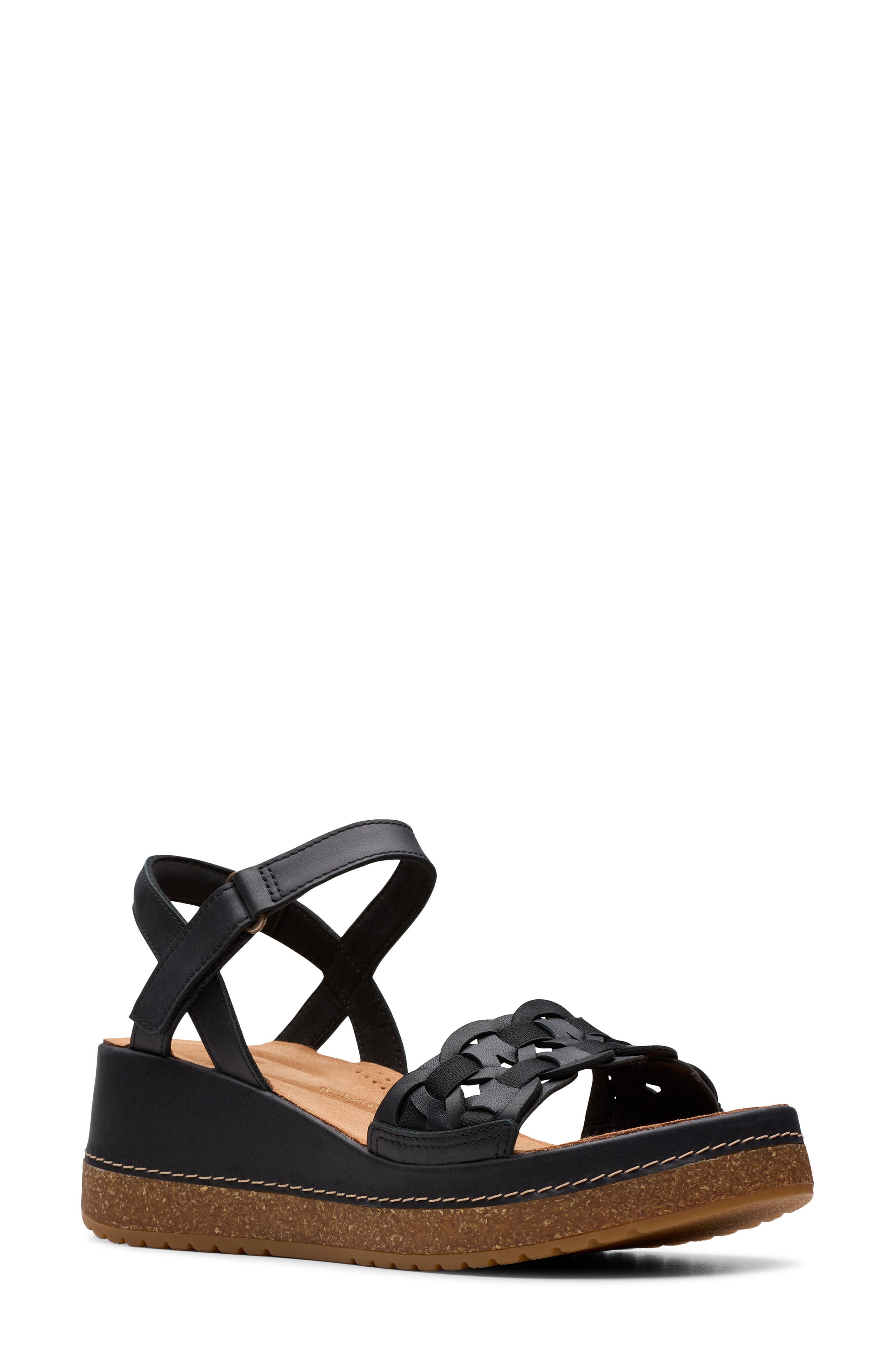 Clarks<sup>®</sup> Kassanda Wedge Sandal, Main, color, Black Leather