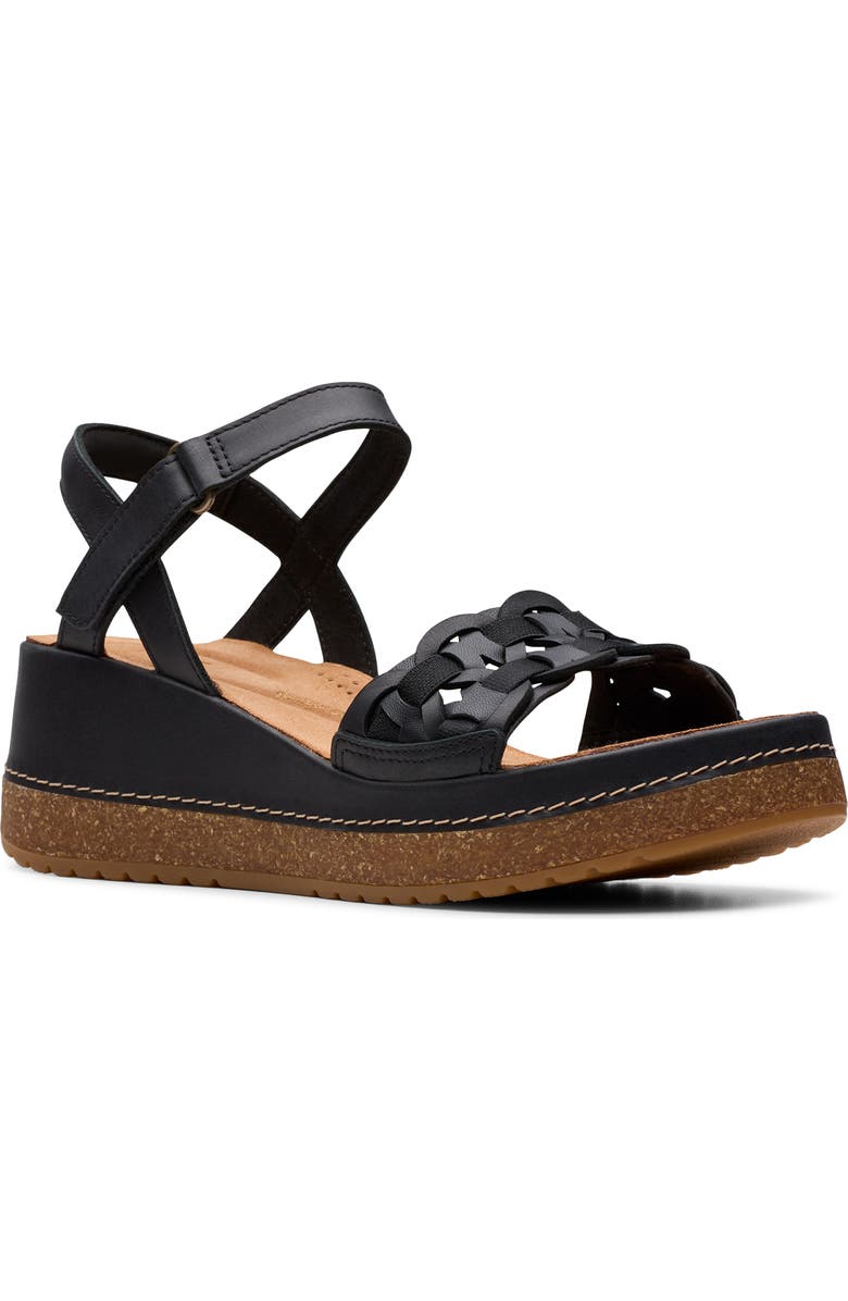 Clarks<sup>®</sup> Kassanda Wedge Sandal, Main, color, Black Leather